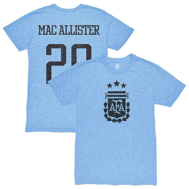 Australia National Team Store – Alexis Mac Allister Argentina National Team 1863FC Player Retro Tri-Blend T-Shirt – Light Blue Football Gear Selection
