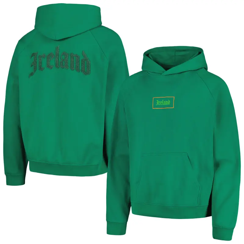 Australia National Team Store – Ireland National Team Old English Oversized Raglan Pullover Hoodie – Green Football Gear Selection